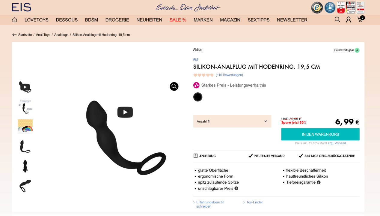 Silikon-Analplug mit Hodenring, 19,5 cm: der Test, Artikelbild