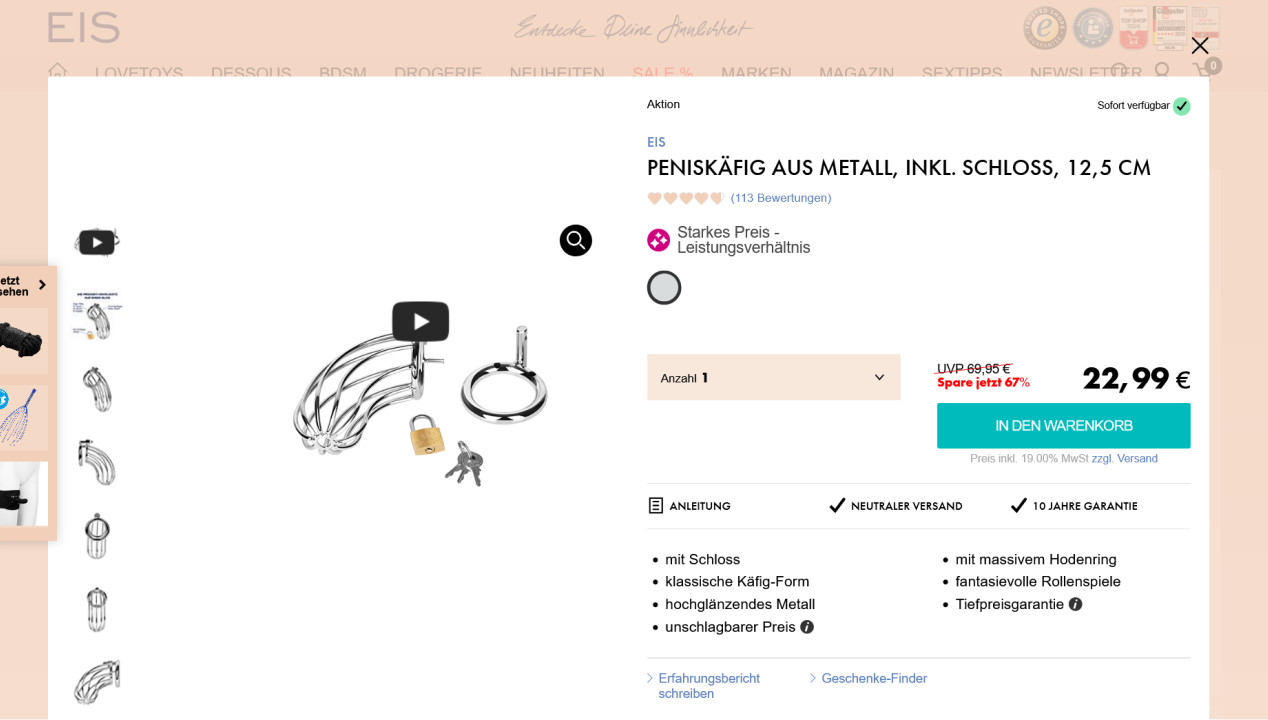 Produktbild Screenshot Peniskäfig aus Metall, 12,5 cm, inkl. Schloss