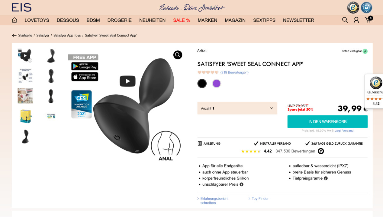 Sextoys für Männer Satisfyer Sweet Seal Connect App