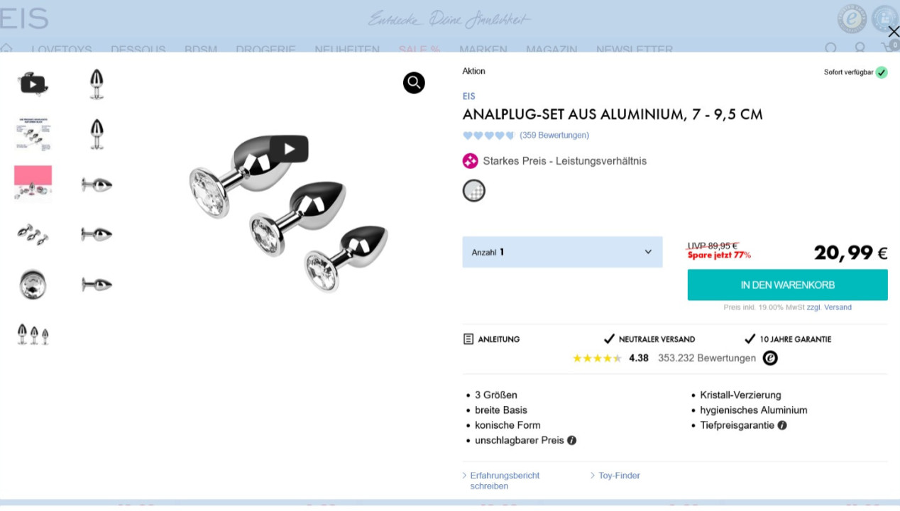 Analplug-Set aus Aluminium, 7-9,5cm, Artikelbild