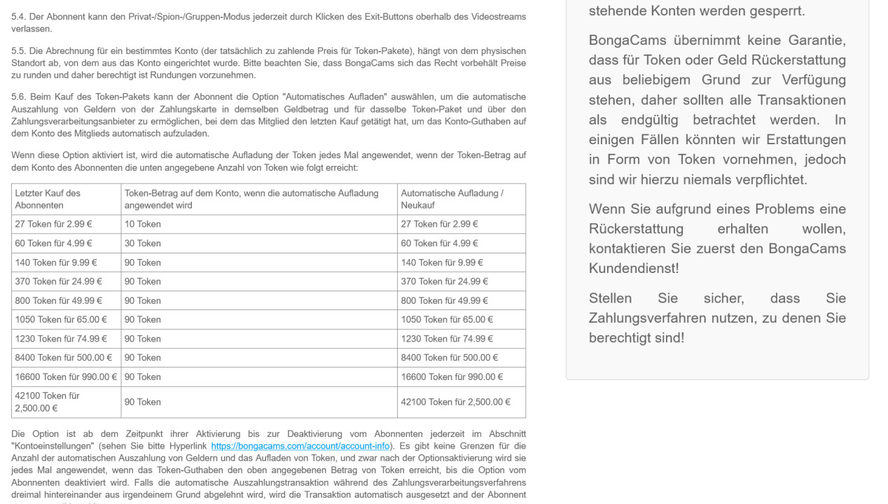 Bongacams.com Terms Preise für die Tokens Screenshot